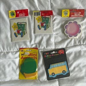 Teacher reward ribbons,  decorations, school bus, mini notepad set of five